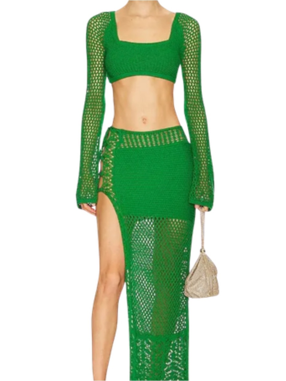Revolve NBD Verona Green Maxi Crochet Knit Set